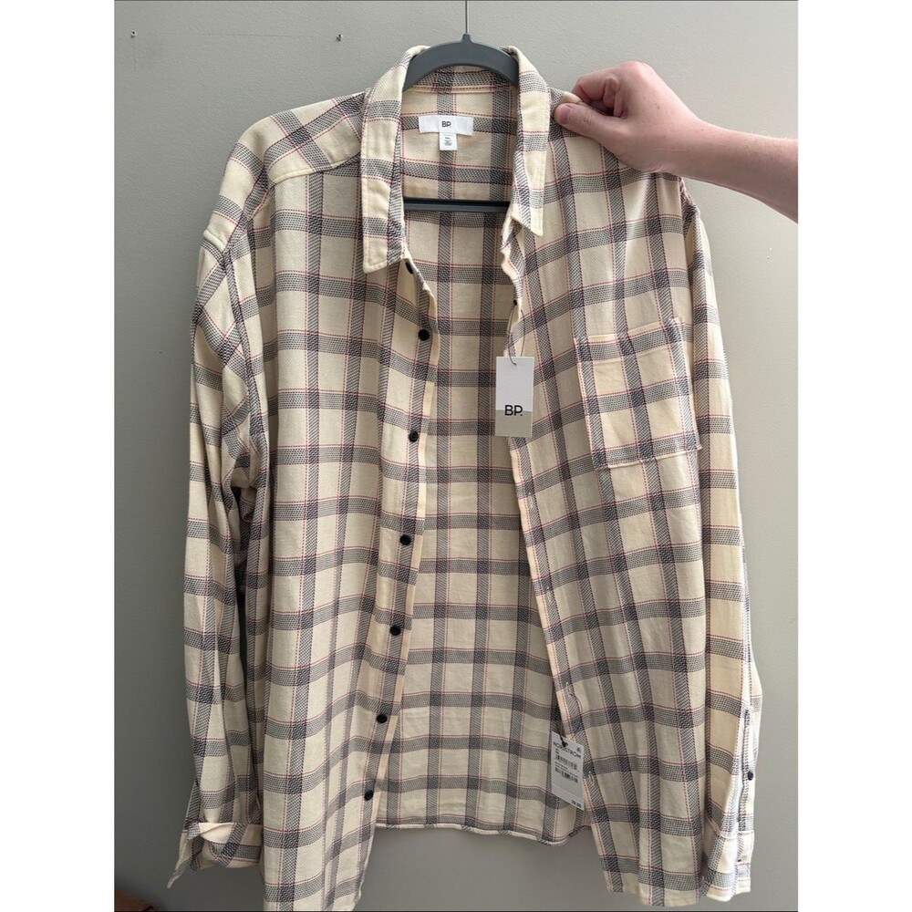 bp Men’s Cream Plaid Button-Down Shirt with Gray and Red Accents